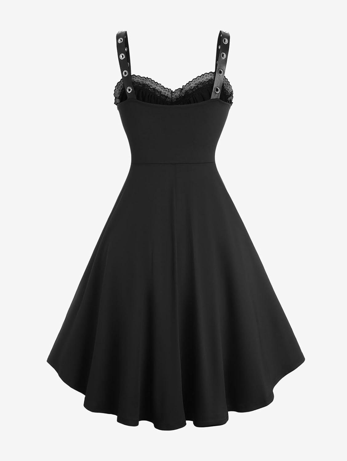 image:imageROSE GAL Women Plus Size Gothic Laceup PU Leather Patchwork Flocking Midi Dress Buckles Lace Trim Vintage Goth Midi DressBlack1