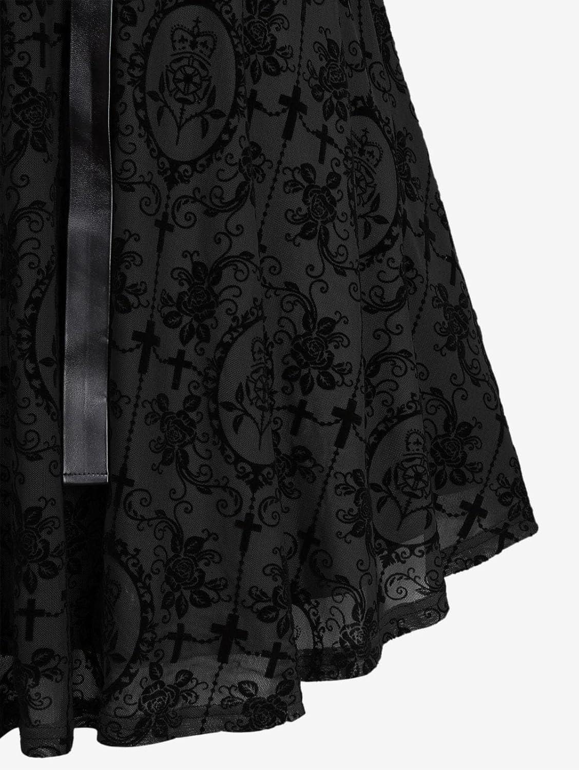 image:imageROSE GAL Women Plus Size Gothic Laceup PU Leather Patchwork Flocking Midi Dress Buckles Lace Trim Vintage Goth Midi DressBlack1