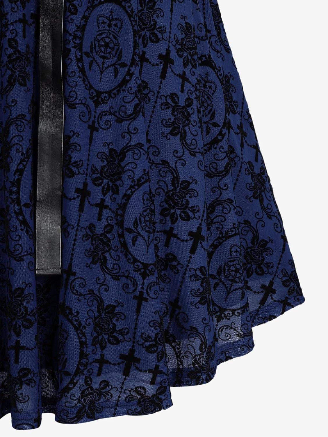image:imageROSE GAL Women Plus Size Gothic Laceup PU Leather Patchwork Flocking Midi Dress Buckles Lace Trim Vintage Goth Midi DressBlue1