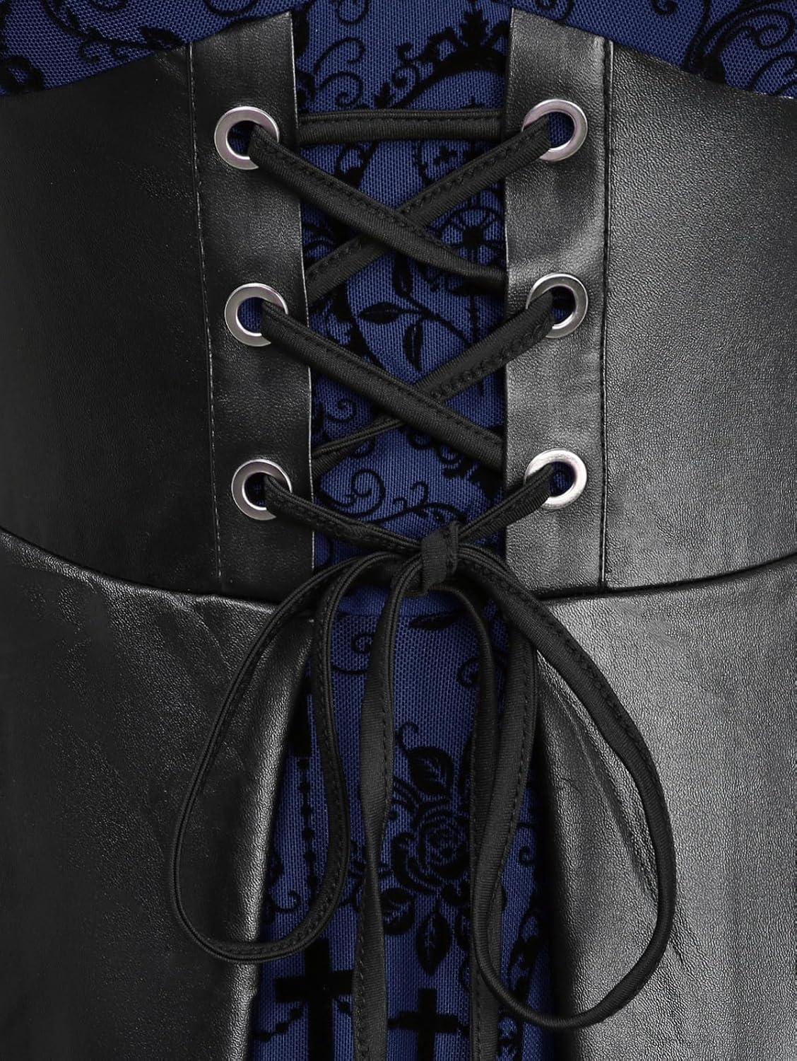 image:imageROSE GAL Women Plus Size Gothic Laceup PU Leather Patchwork Flocking Midi Dress Buckles Lace Trim Vintage Goth Midi DressBlue1