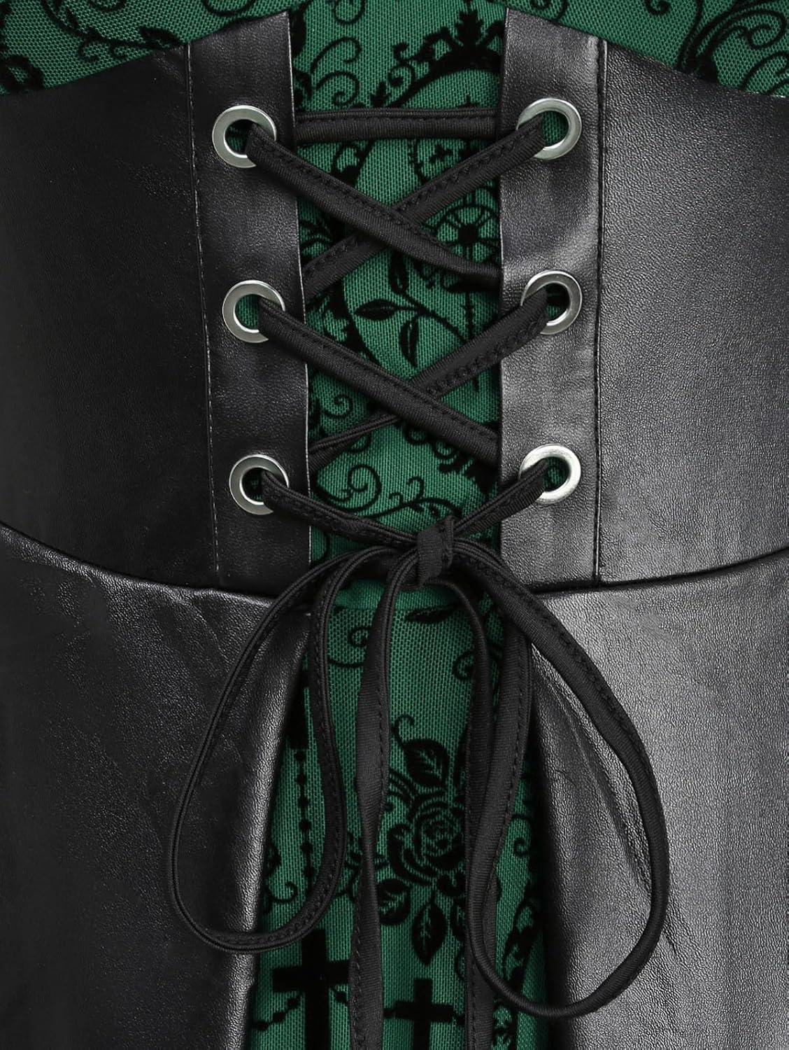 image:imageROSE GAL Women Plus Size Gothic Laceup PU Leather Patchwork Flocking Midi Dress Buckles Lace Trim Vintage Goth Midi DressGreen1