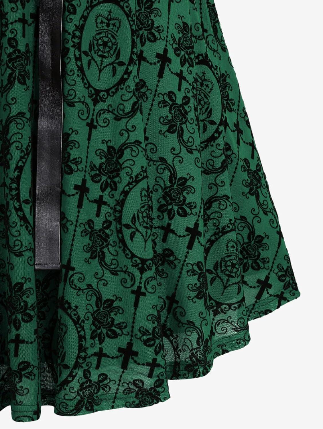 image:imageROSE GAL Women Plus Size Gothic Laceup PU Leather Patchwork Flocking Midi Dress Buckles Lace Trim Vintage Goth Midi DressGreen1