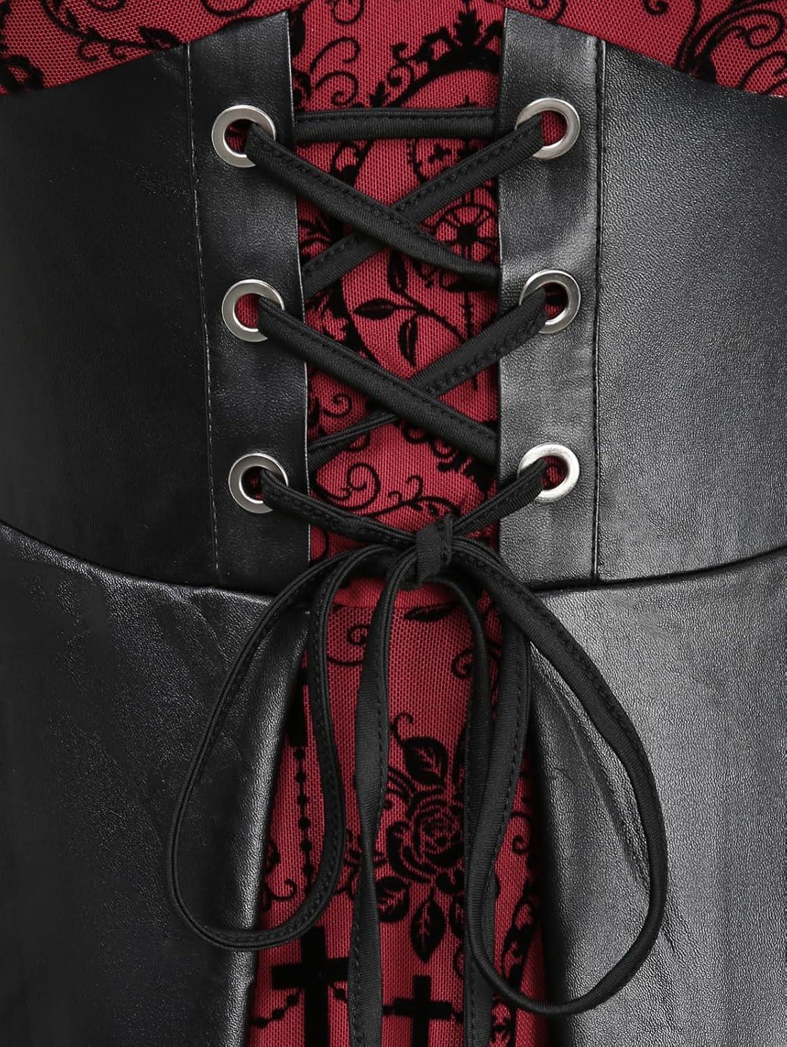 image:imageROSE GAL Women Plus Size Gothic Laceup PU Leather Patchwork Flocking Midi Dress Buckles Lace Trim Vintage Goth Midi DressRed2