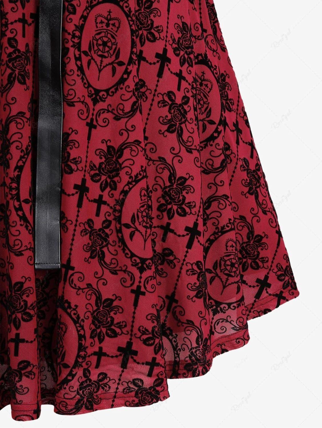 image:imageROSE GAL Women Plus Size Gothic Laceup PU Leather Patchwork Flocking Midi Dress Buckles Lace Trim Vintage Goth Midi DressRed2