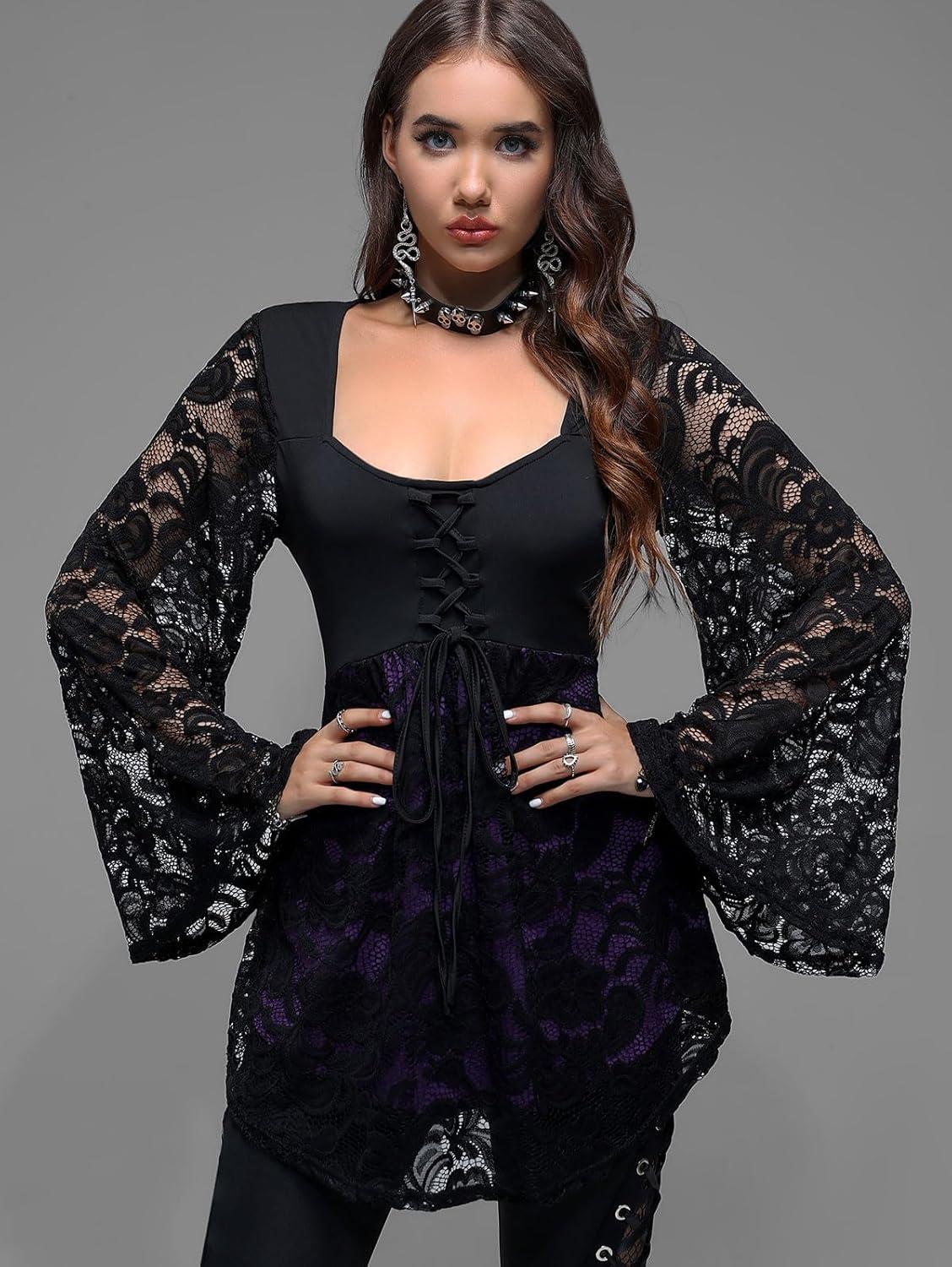 image:imageROSE GAL Women Plus Size Laceup Gothic Witch Halloween Costume Bell Sleeves TShirtBlack2
