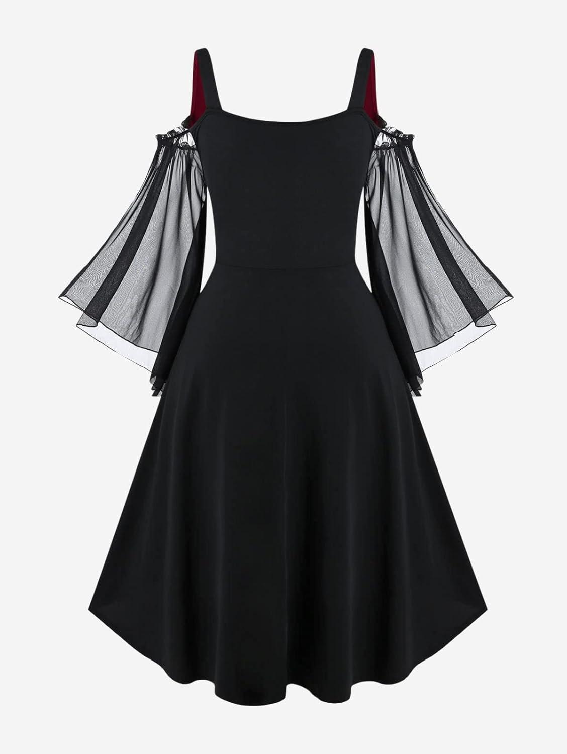 image:imageROSE GAL Women Plus Size Punk Cold Shoulder Flare Sleeves Lace Gothic DressBlack217