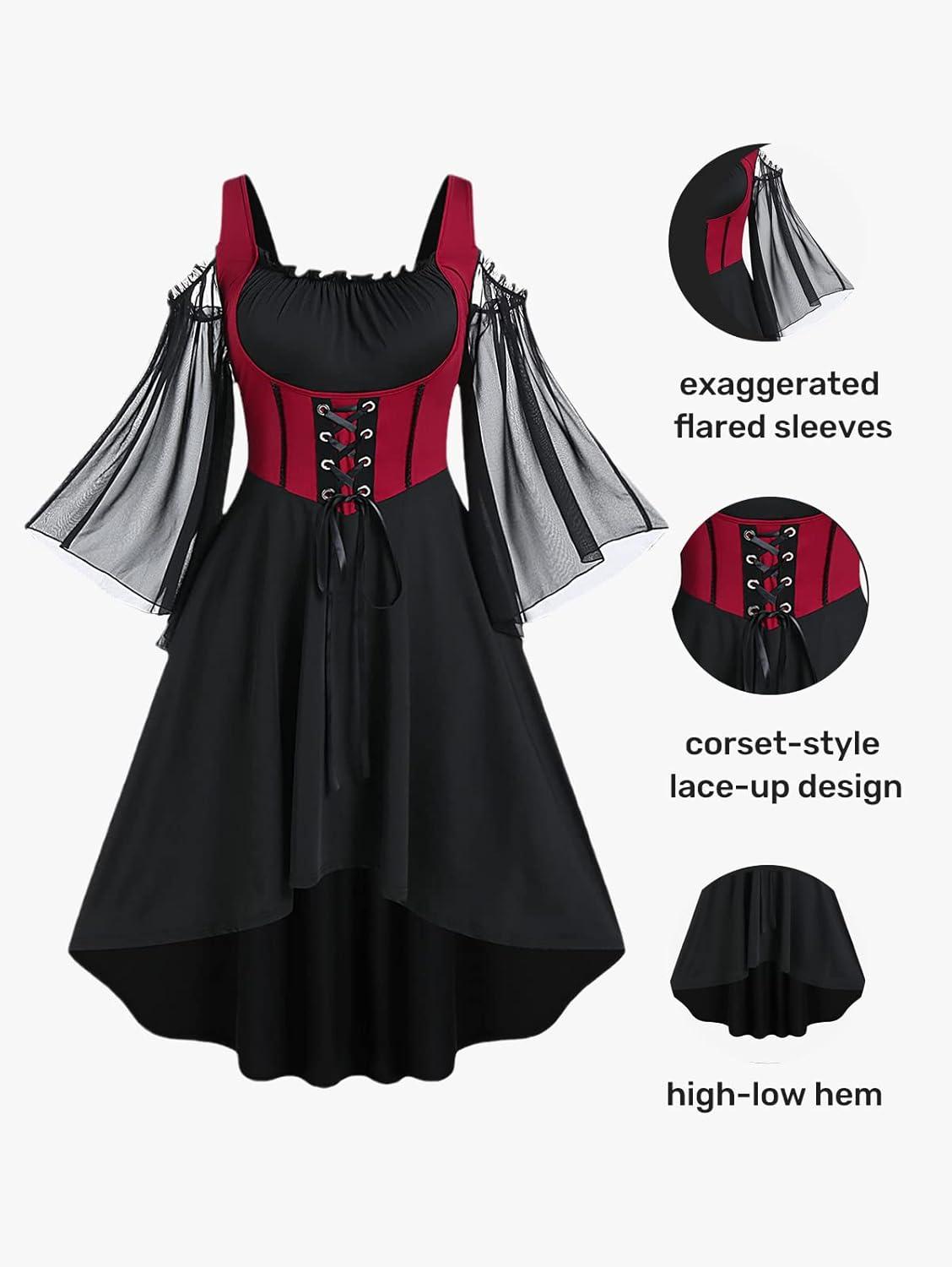 image:imageROSE GAL Women Plus Size Punk Cold Shoulder Flare Sleeves Lace Gothic DressBlack217