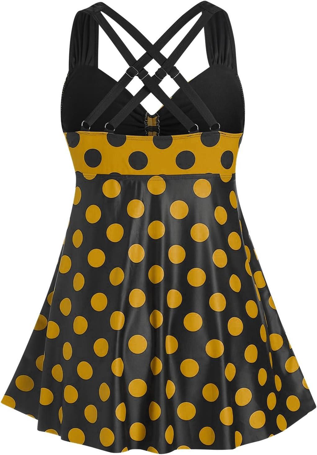 image:imageROSE GAL Womens Plus Size Curve Cinched Polka Dot Crisscross Tankini Swimsuit SetYellow2