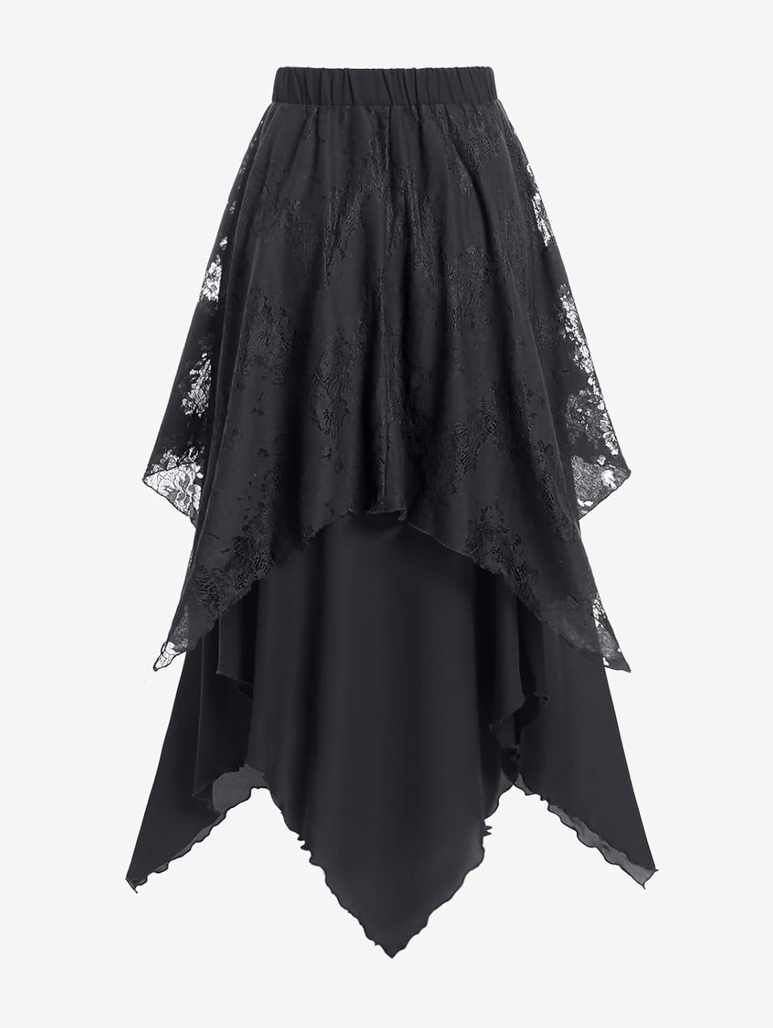 image:imageROSE GAL Womens Plus Size Gothic Lace Overlay Layered Handkerchief Hem Flowy Maxi SkirtBlack3