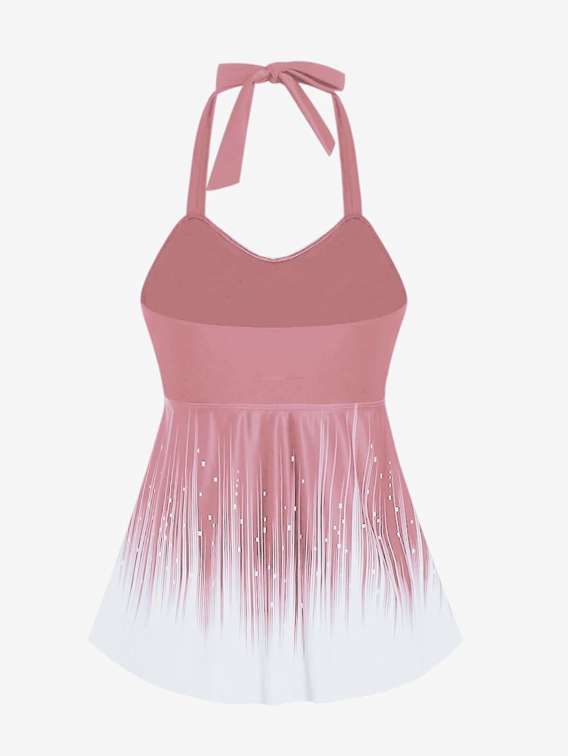 image:imageROSE GAL Womens Plus Size Halter Backless Empire Waist Modest Boyshorts Tankini Swimsuit SetPink1