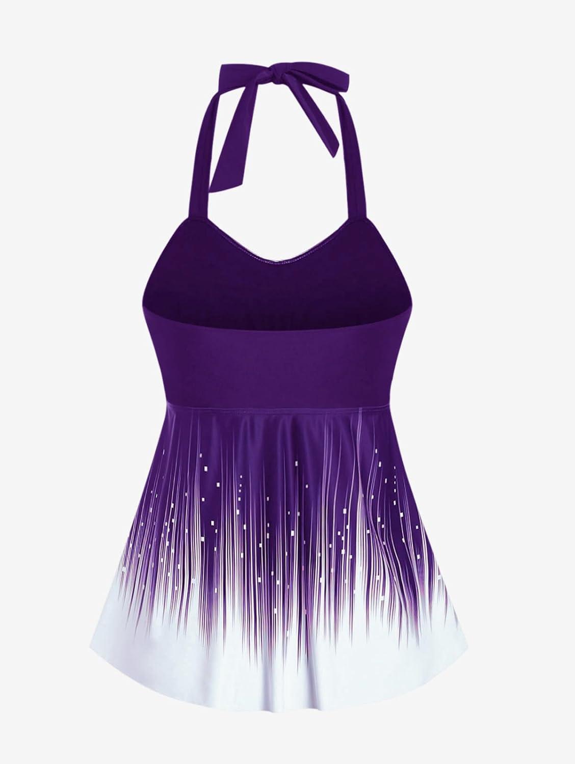 image:imageROSE GAL Womens Plus Size Halter Backless Empire Waist Modest Boyshorts Tankini Swimsuit SetPurple1
