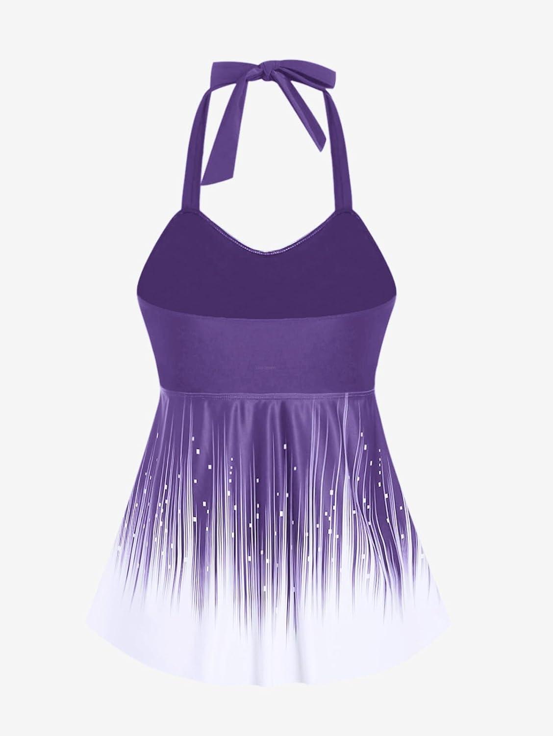 image:imageROSE GAL Womens Plus Size Halter Backless Empire Waist Modest Boyshorts Tankini Swimsuit SetPurple2