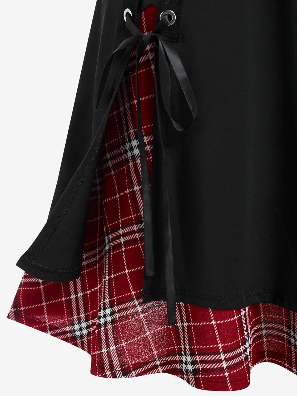 image:imageROSE GAL Womens Plus Size Mini ALine Gothic Skirt Casual Plain Chain Detail High Waisted Short Stitching Plaid PleatedBlack2