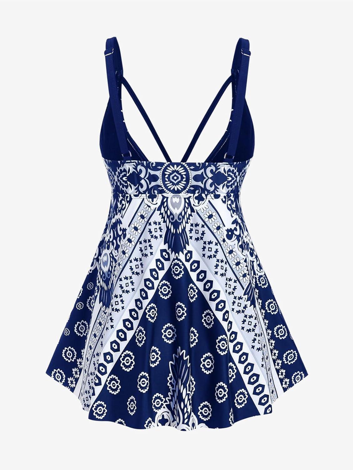 image:imageROSE GAL Womens Plus Size Tribal Geo Print Crisscross Padded Boyshorts Tankini SwimsuitBlue1