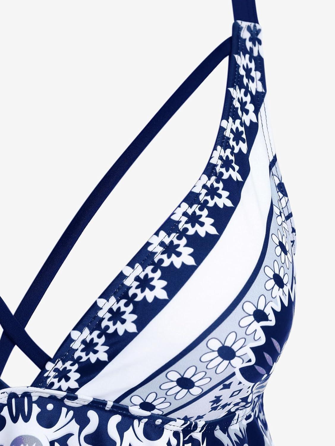 image:imageROSE GAL Womens Plus Size Tribal Geo Print Crisscross Padded Boyshorts Tankini SwimsuitBlue1