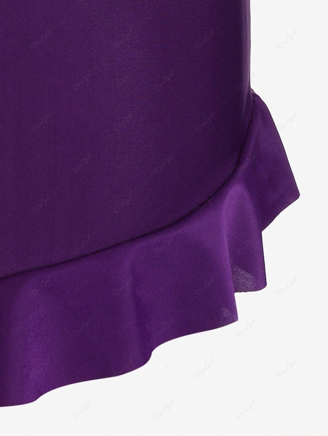 image:imageRosegal Plus Size Women 3 Piece Tankini Swimsuit Holographic Mermaid Scale Print Laceup Bathing Suit SwimwearPurple1