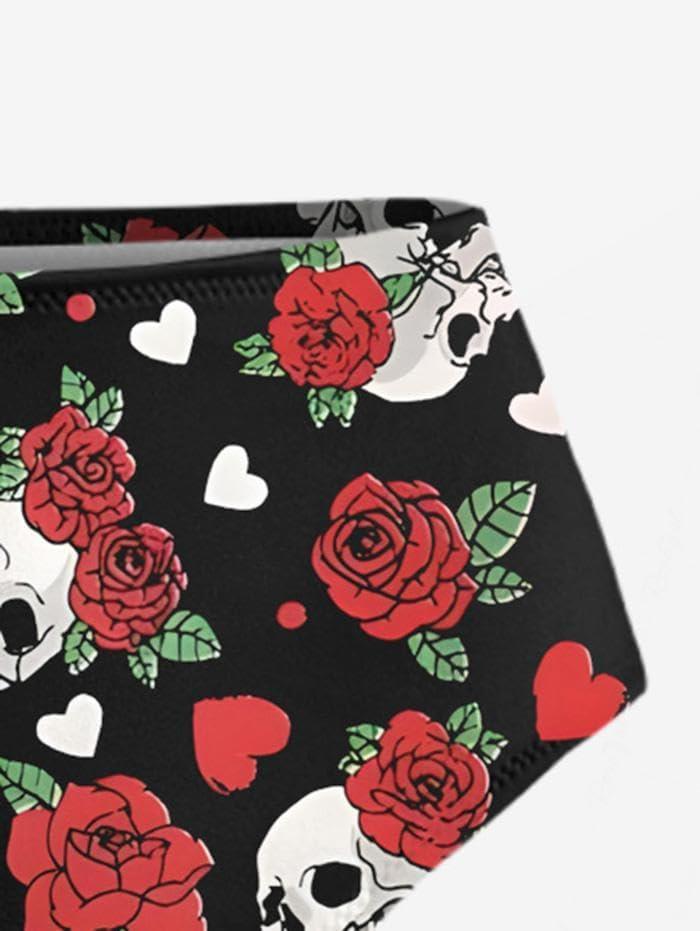 image:imageRosegal Women Plus Size Goth Two Piece Bikini Swimsuit Sets Gothic Skulls Rose Printed Strappy SwimwearBlack1