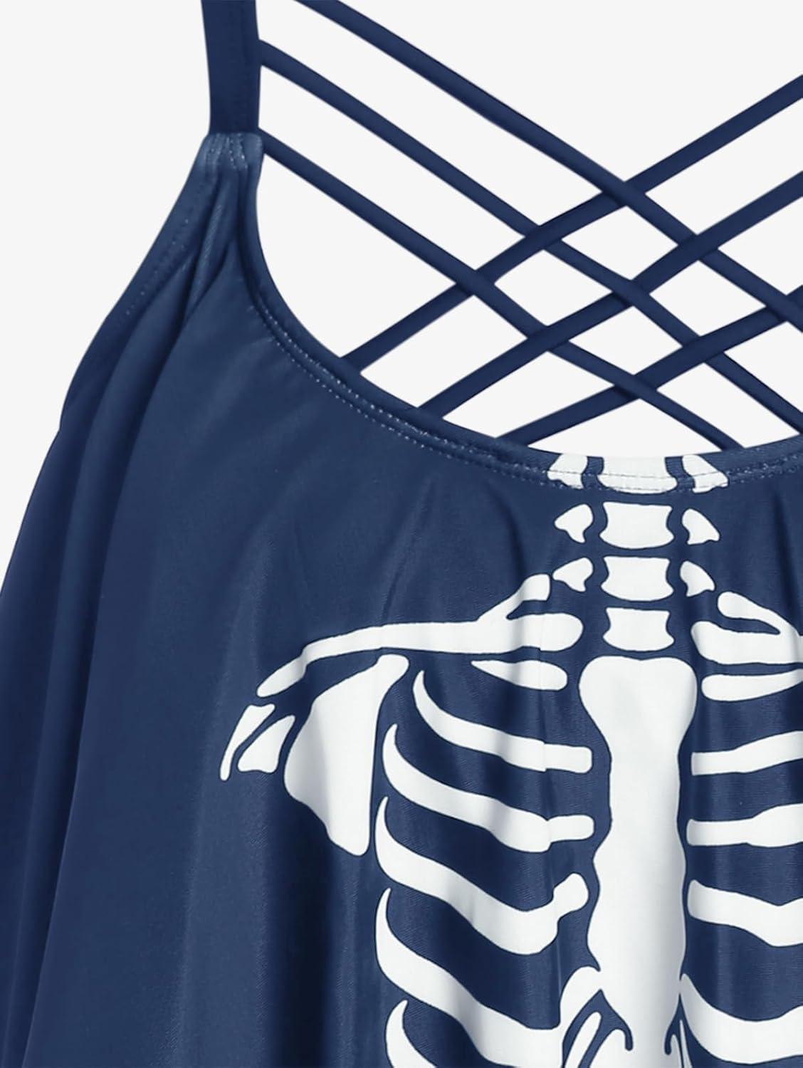 image:imageRosegal Womens Plus Size Skeleton Print Flounce Crisscross Strappy Tankini Swimwear SetBlue