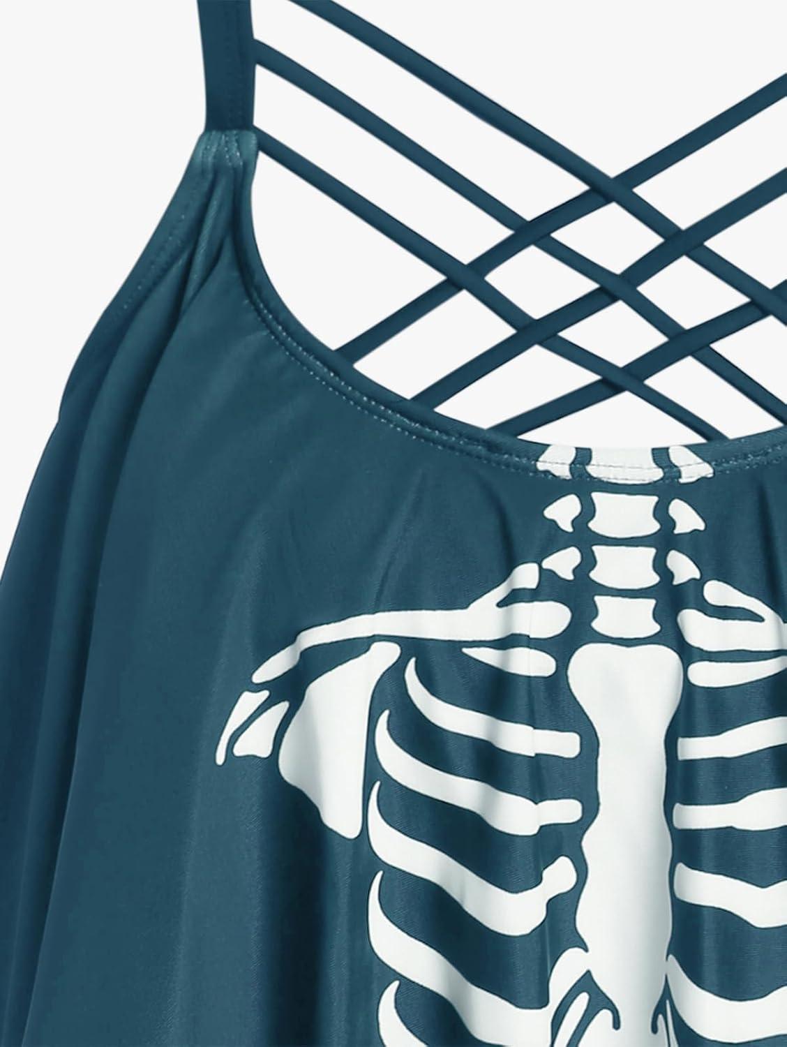 image:imageRosegal Womens Plus Size Skeleton Print Flounce Crisscross Strappy Tankini Swimwear SetGreen