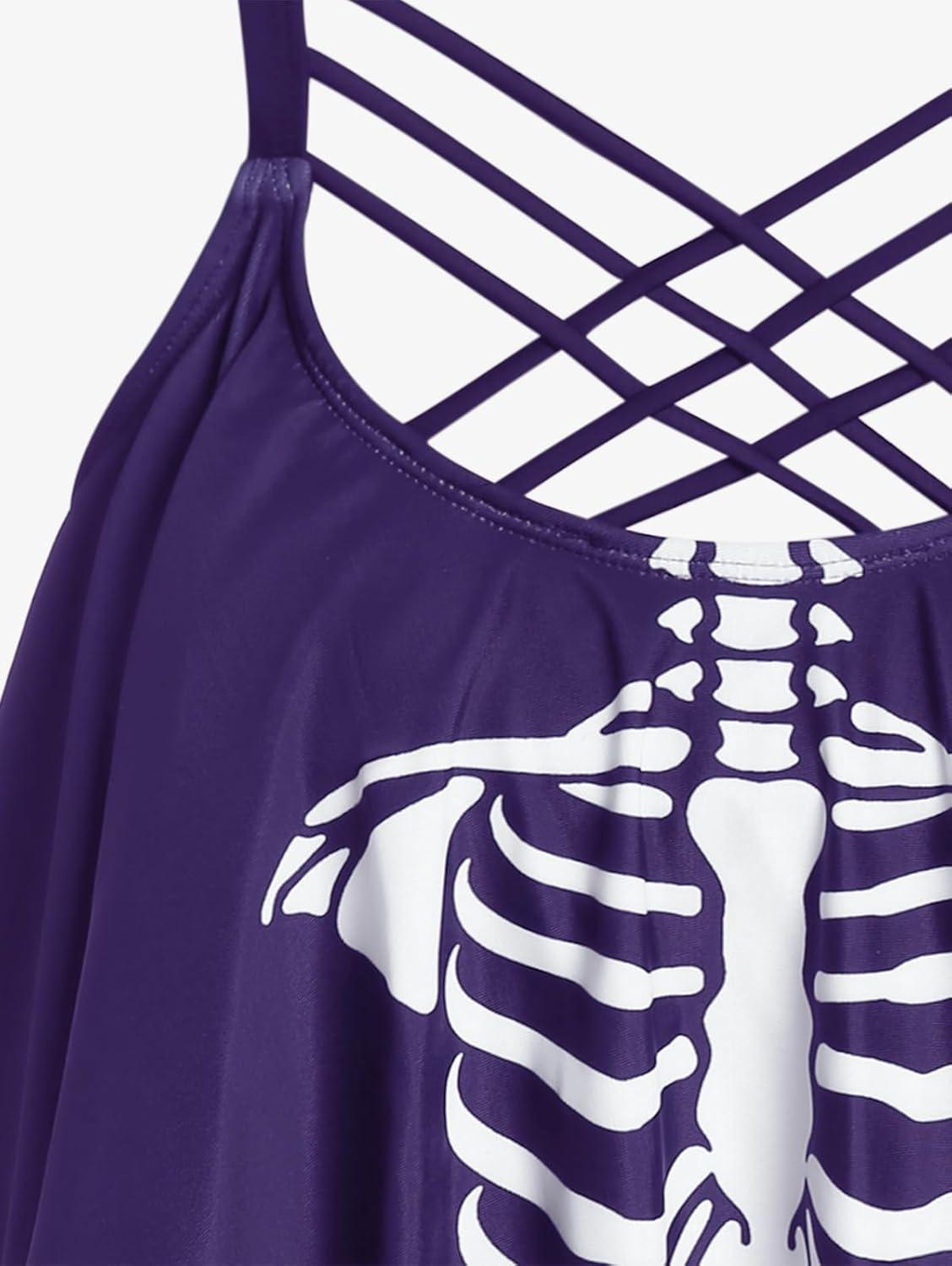 image:imageRosegal Womens Plus Size Skeleton Print Flounce Crisscross Strappy Tankini Swimwear SetPurple