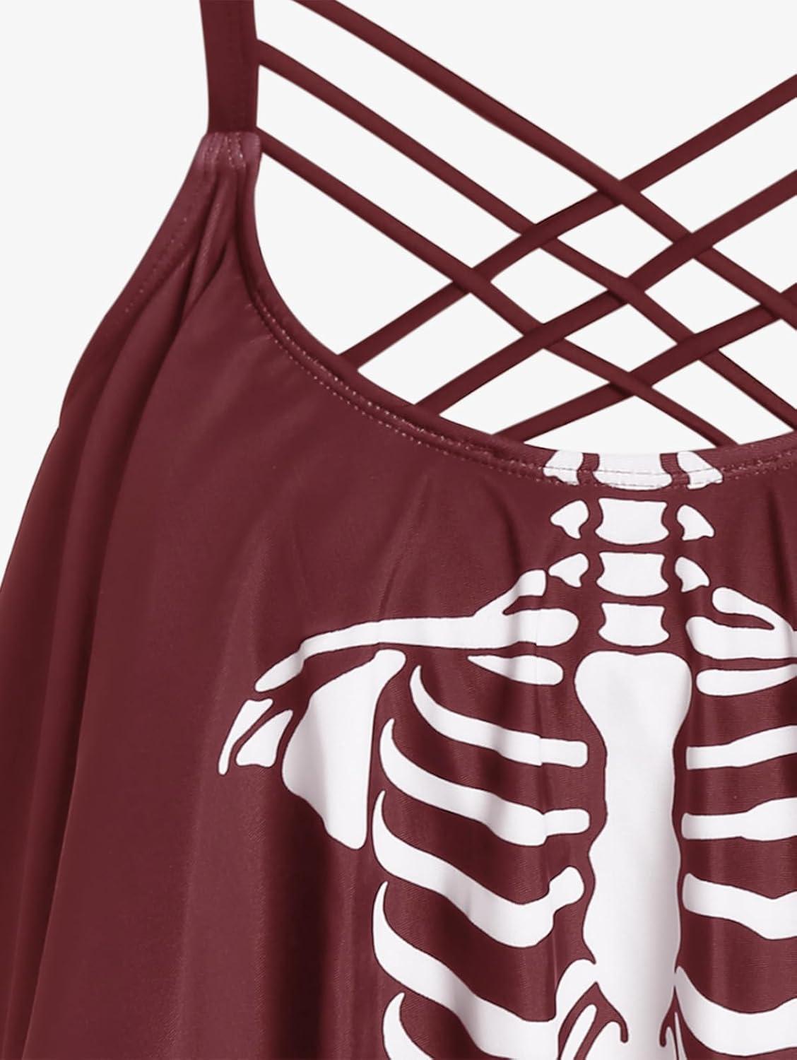 image:imageRosegal Womens Plus Size Skeleton Print Flounce Crisscross Strappy Tankini Swimwear SetRed
