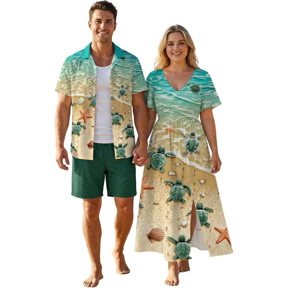 image:imageMatchable Couple Hawaiian Sea Beach Starfish Turtle Shell Print Shirt or Plus Size Midi Split A Line DressWomen Green