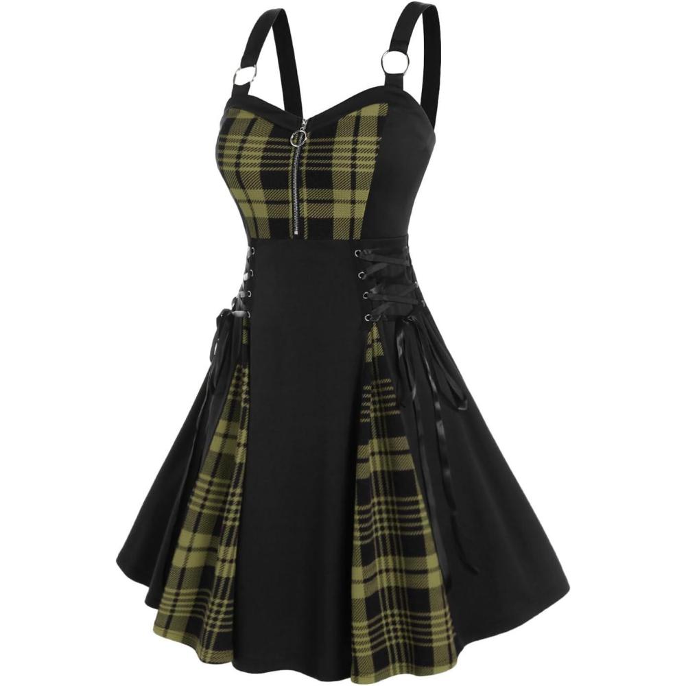 image:imageROSE GAL Gothic Lace Up Plaid Half Zipper Fit and Flare Gothic DressGreen4