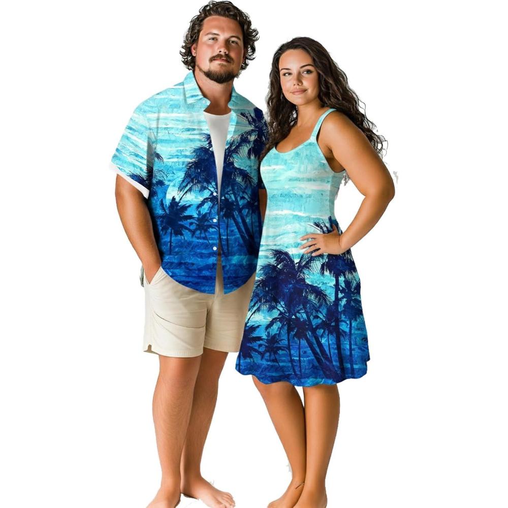image:imageROSE GAL Matchable Couple Hawaiian Coconut Tree Print Shirt or Plus Size Knee Length Fit and Flare Tank DressMen Deep Blue