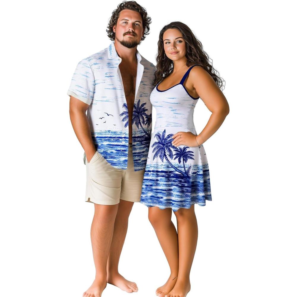 image:imageROSE GAL Matchable Couple Hawaiian Coconut Tree Print Shirt or Plus Size Knee Length Fit and Flare Tank DressMen White