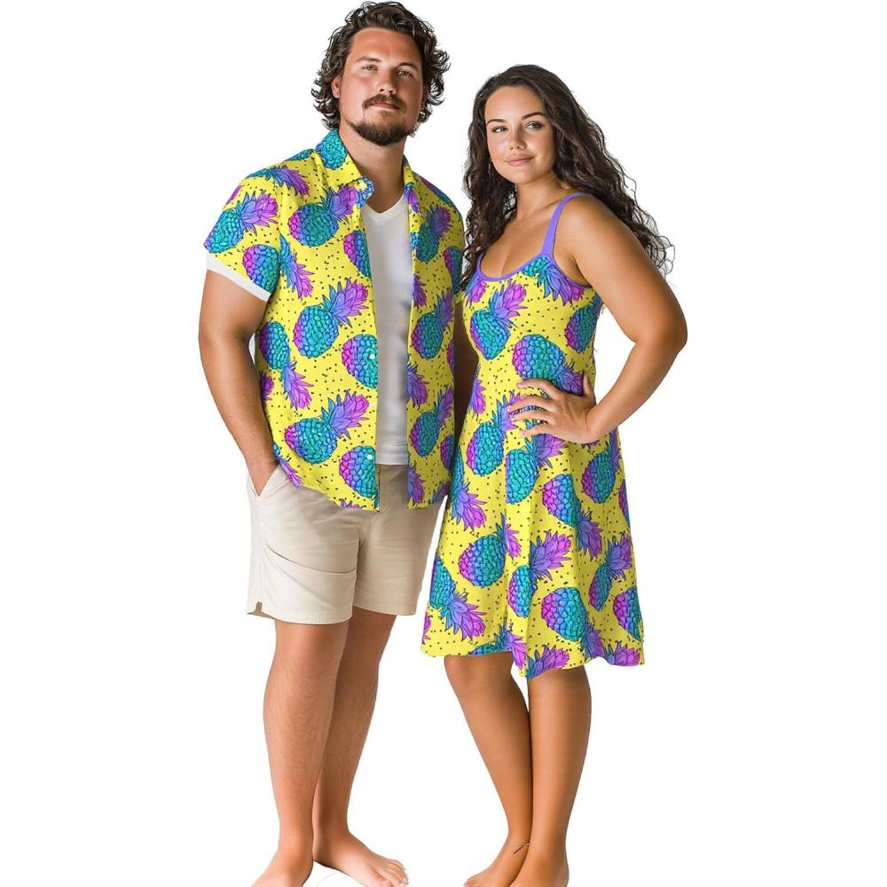 image:imageROSE GAL Matchable Couple Hawaiian Coconut Tree Print Shirt or Plus Size Knee Length Fit and Flare Tank DressMen Yellow