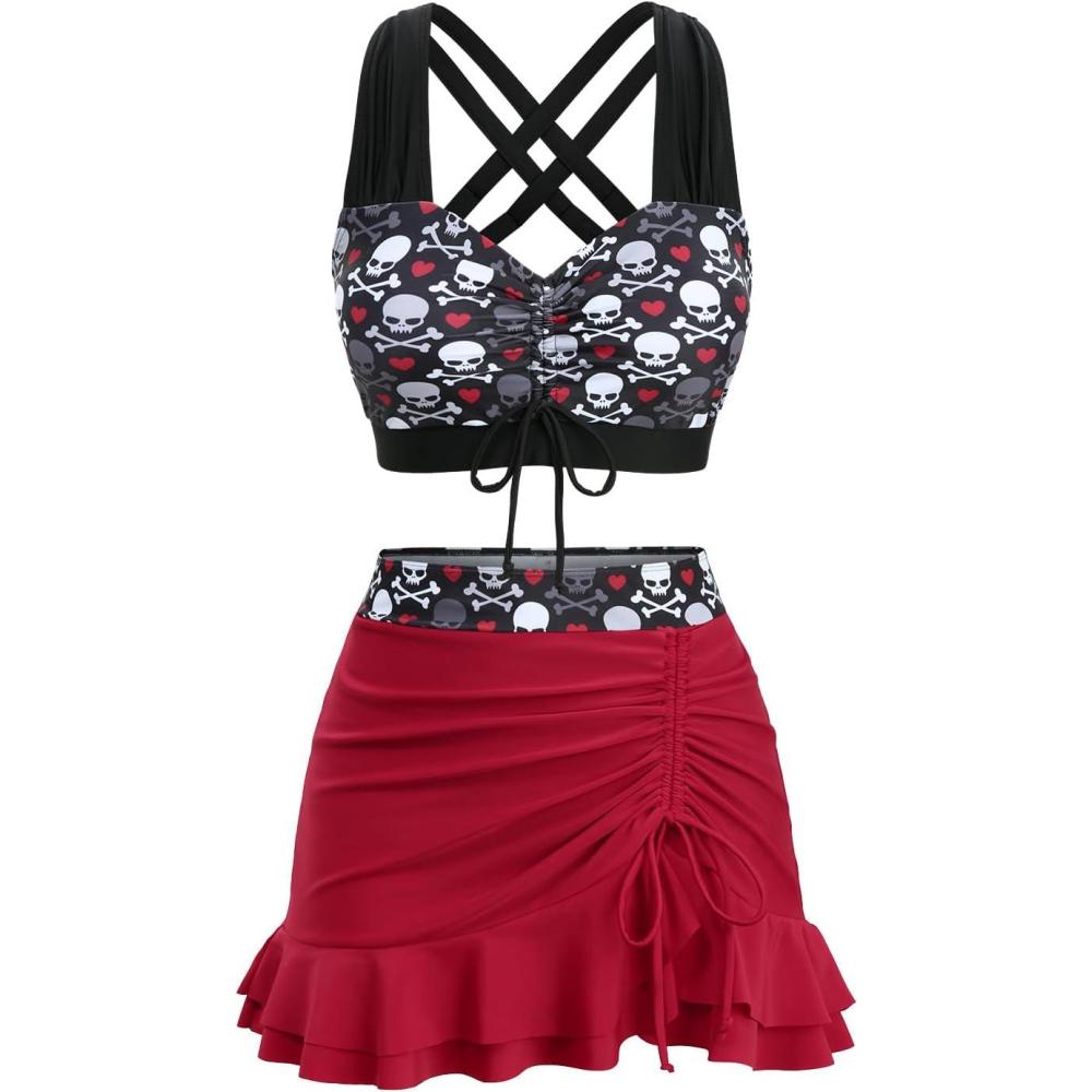 image:imageROSE GAL Plus Size Gothic Skulls 2 Piece Swimsuits for Women Two Piece Tankini SetRed1