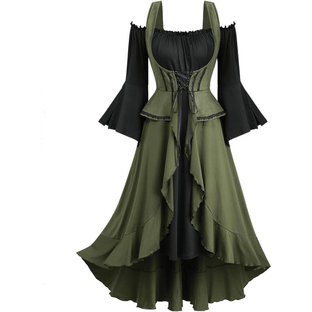 image:imageROSE GAL Plus Size Renaissance Halloween Costume Medieval Irish Bell Sleeve Fairy Medieval Corset Dress for WomenGreen