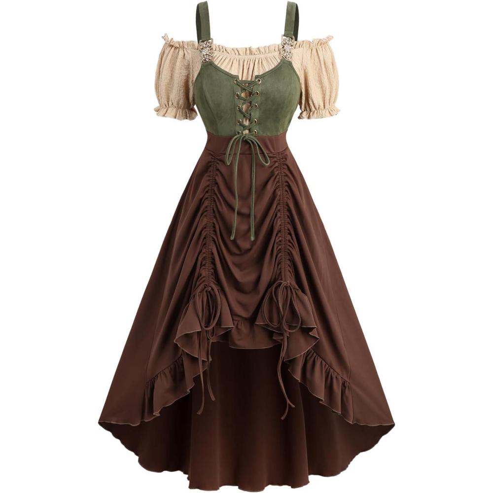 image:imageROSE GAL Plus Size Steampunk Renaissance Costume Dress for Women Cold Shoulder BlockMedieval Retro Ren Faire DressCoffee