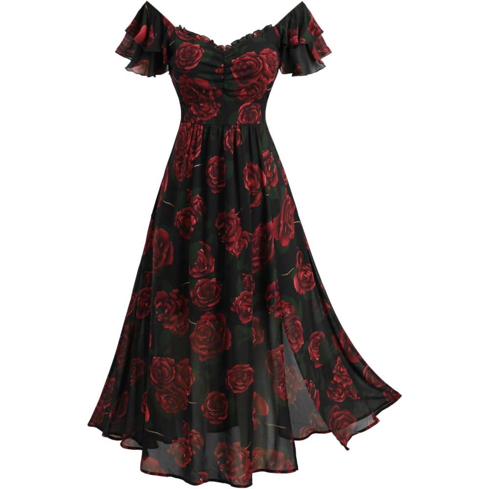 image:imageROSE GAL Plus Size Womems Summer Flowy Milkmaid Dress Boho Square Neck Puffs Sleeves DressBlack1