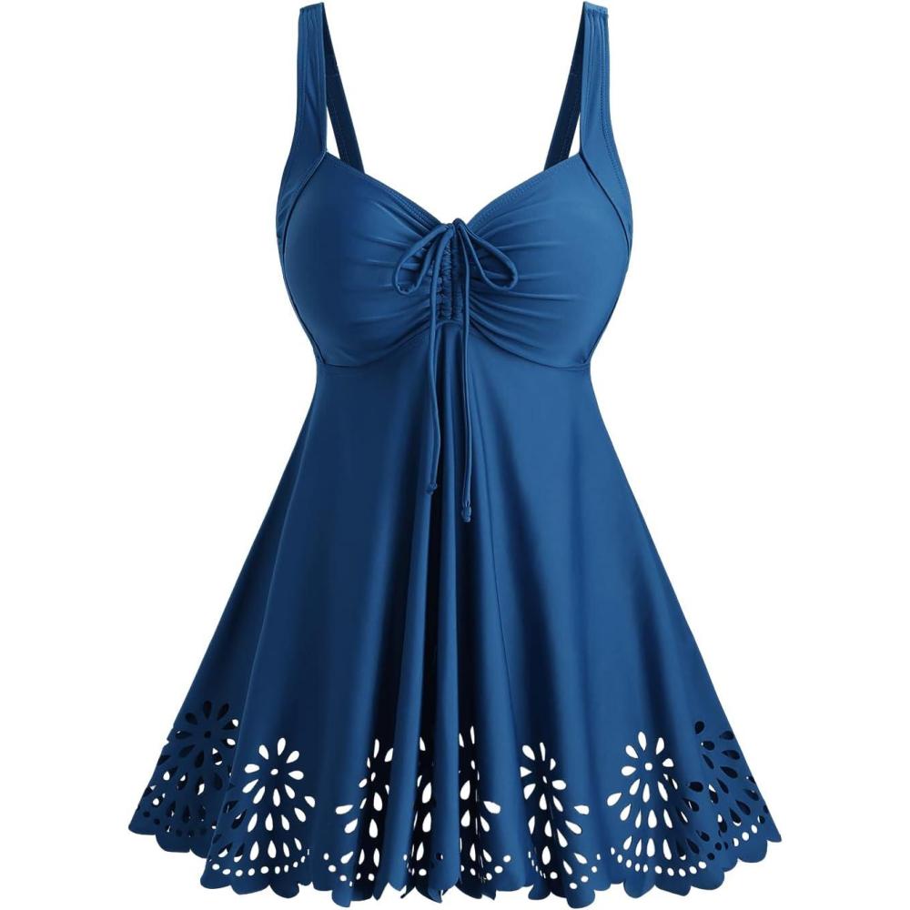image:imageROSE GAL Plus Size Women Bathing Suits 2 Piece Modest Swimsuit Laser Cut Out Cinched Ruched Flowy Tankini SwimwearBlue