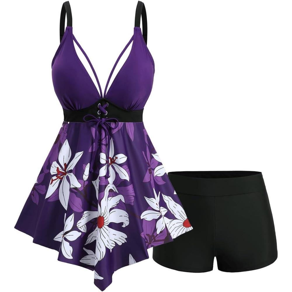image:imageROSE GAL Plus Size Women Floral Tankini Swimsuits with Shorts Laceup Swing Two Piece Bathing SuitsPurple