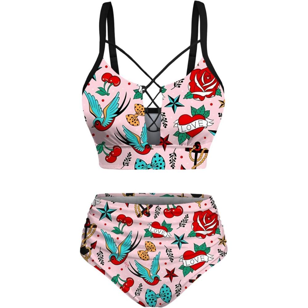 image:imageROSE GAL Plus Size Women Funny Print High Waisted Bikini Set Tummy Control Bathing SuitsPink
