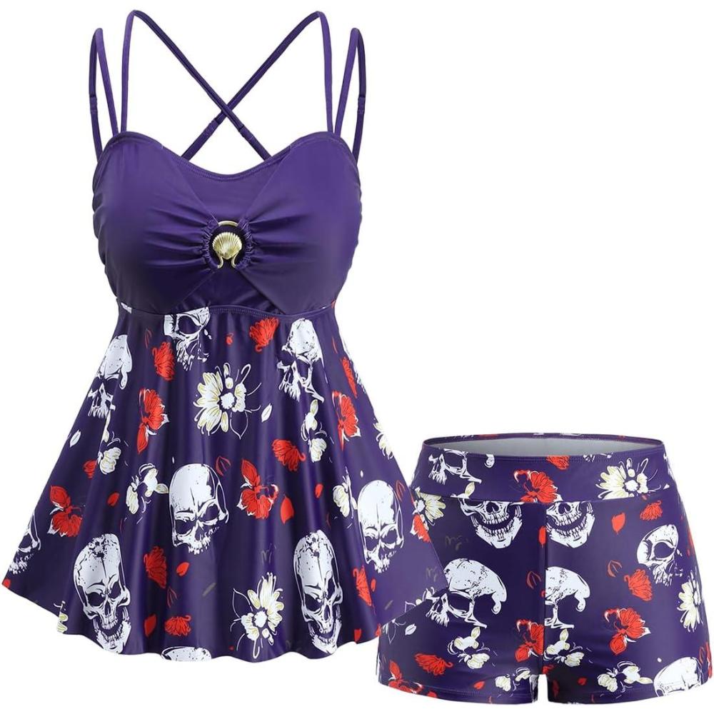 image:imageROSE GAL Plus Size Women Goth Two Piece Bathing Suit Skull Floral Print Crisscross Back Flowy Tankini SwimsuitPurple