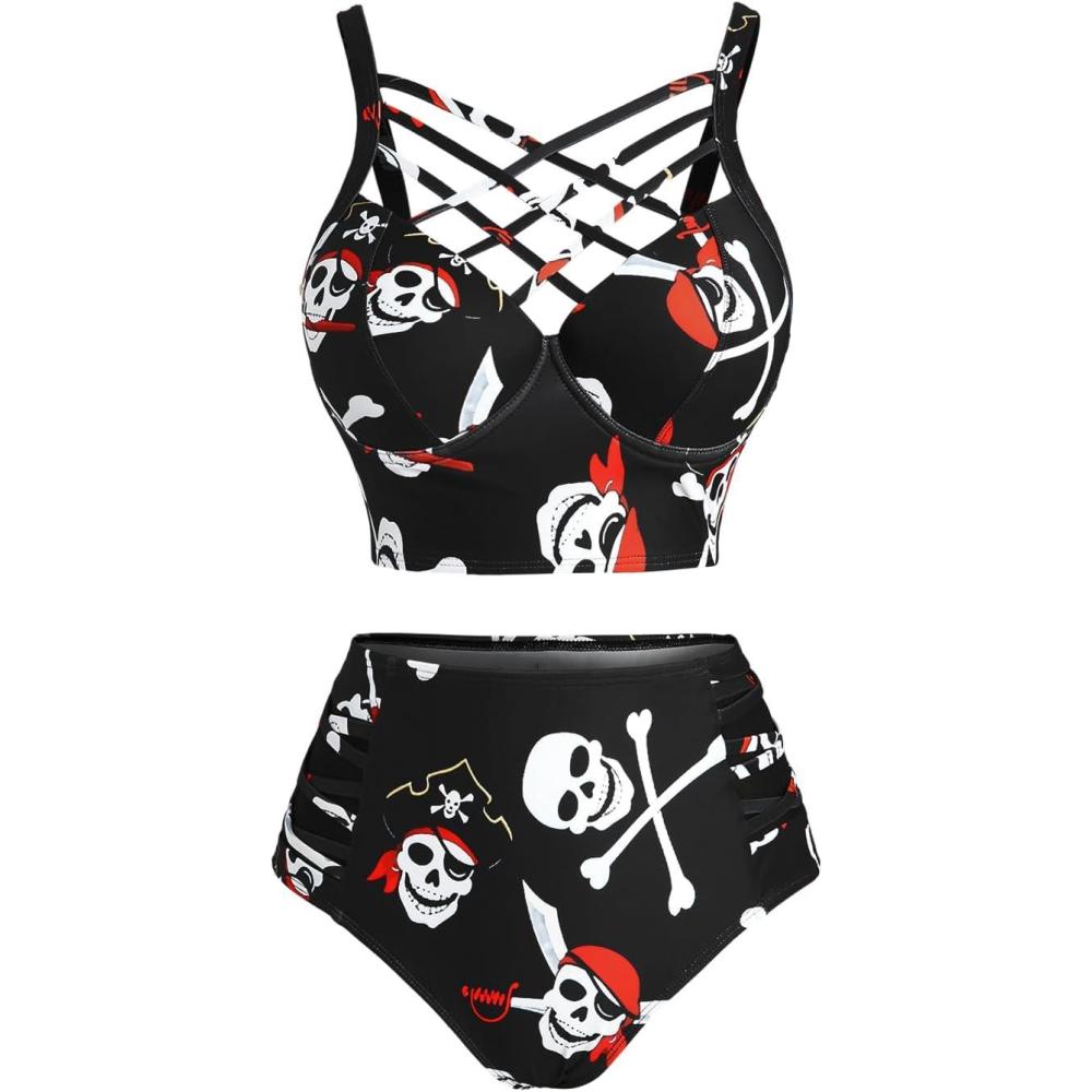 image:imageROSE GAL Plus Size Women Gothic Bathing Suit High Waisted Underwire Push Up Bikini Set Goth Two Piece SwimsuitsBlack