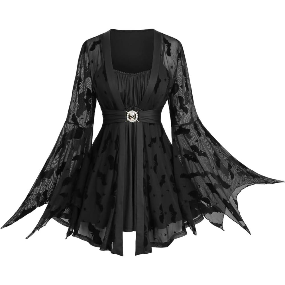 image:imageROSE GAL Plus Size Women Gothic Halloween Costume Flocking Bat Mesh Asymmetric Bell Sleeve 2 in 1 Goth Swing TopBlack