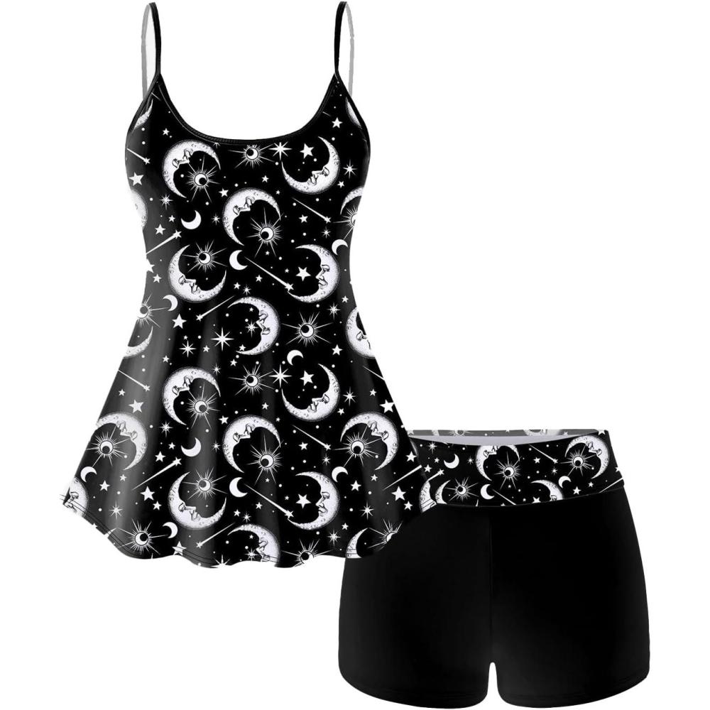 image:imageROSE GAL Plus Size Women Gothic Tummy Control Modest Tankini Swimsuit Sun Moon Boyleg Padded Tankini SwimwearBlack1