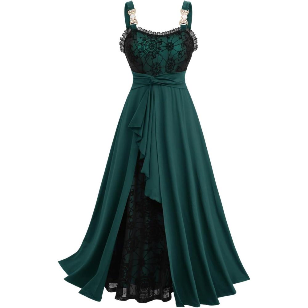image:imageROSE GAL Plus Size Women Halloween Costume Romantic Goth Vampire Spider Web Maxi Layered Flowy Sleeveless Tank DressDeep Green