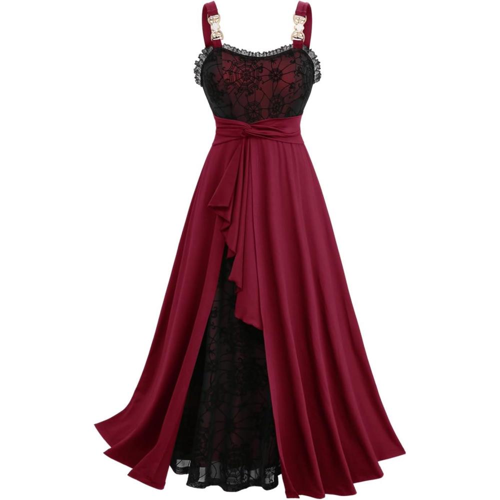 image:imageROSE GAL Plus Size Women Halloween Costume Romantic Goth Vampire Spider Web Maxi Layered Flowy Sleeveless Tank DressRed