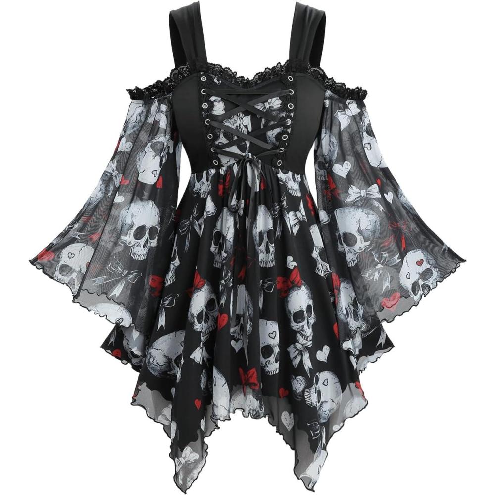 image:imageROSE GAL Plus Size Women Halloween Costume TShirt Gothic Top Skull Mesh Lace Up Bell Sleeve Cold Shoulder TopBlack