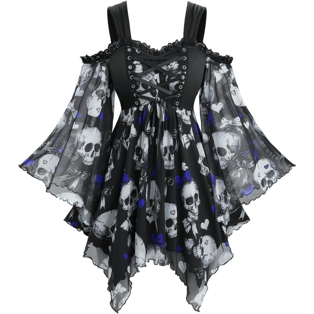 image:imageROSE GAL Plus Size Women Halloween Costume TShirt Gothic Top Skull Mesh Lace Up Bell Sleeve Cold Shoulder TopDeep Blue