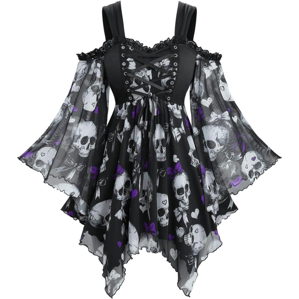 image:imageROSE GAL Plus Size Women Halloween Costume TShirt Gothic Top Skull Mesh Lace Up Bell Sleeve Cold Shoulder TopPurple