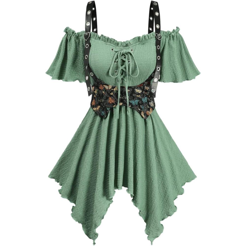 image:imageROSE GAL Plus Size Women Medieval Renaissance Cold Shoulder Handkerchief Hem Laceup 2 in 1 TShirtGreen