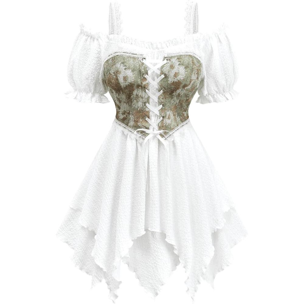 image:imageROSE GAL Plus Size Women Medieval Renaissance Top Cold Shoulder Handkerchief Hem Layered 2 in 1 TShirtWhite