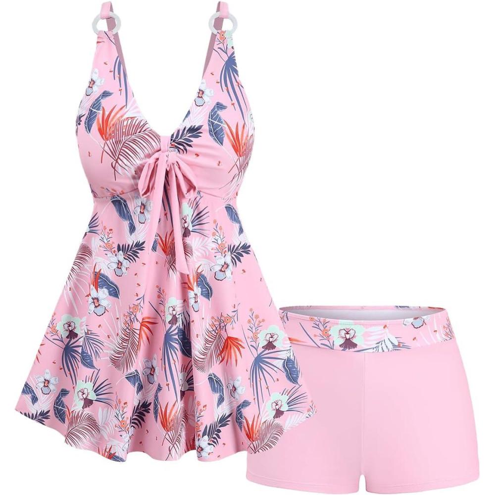 image:imageROSE GAL Plus Size Women Tropical Two Piece Bathing Suit Floral Leaf Print Selftie Modest Tankini SwimsuitPink