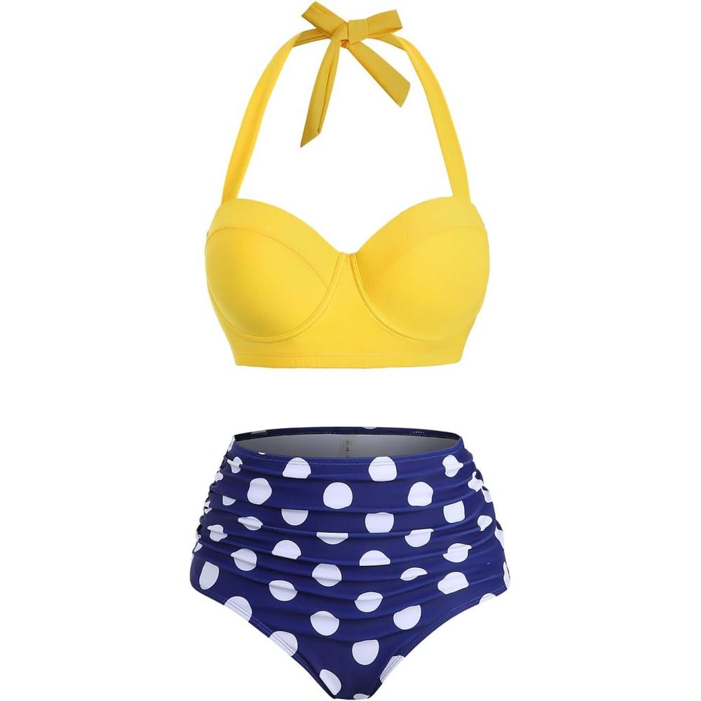 image:imageROSE GAL Plus Size Women Vintage Retro Polka Dot High Waisted Underwire Push Up Bikini Set Halter Two Piece SwimsuitsYellow
